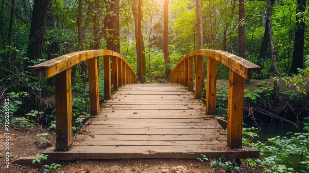 Curvy wooden bridge in forest on sunny day Curvy wooden bridge in forest on sunny day