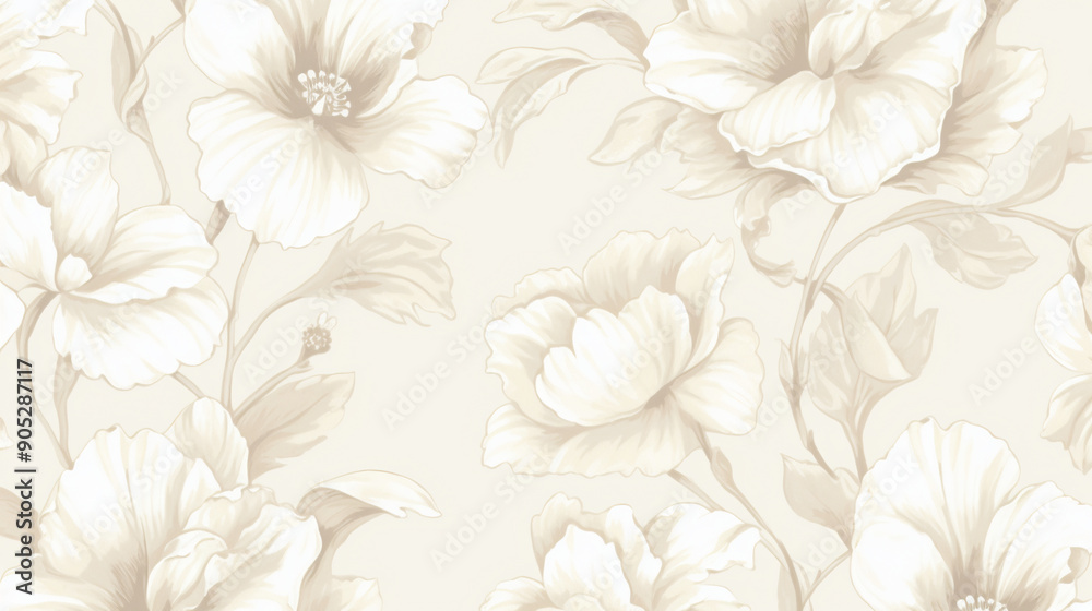 Hand drawn floral pattern, soft and delicate beige tones on white background, seamless tileable design for wallpaper or textile printing.  patterns, background, wallpaper.