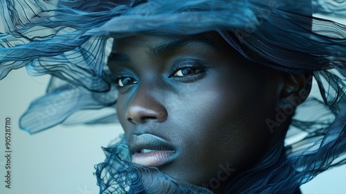 An ethereal portrait of a woman draped in a delicate blue veil, highlighting her contemplative expression and the gentle flow of the fabric around her face. photo