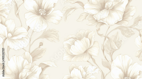 Hand drawn floral pattern, soft and delicate beige tones on white background, seamless tileable design for wallpaper or textile printing.  patterns, background, wallpaper.