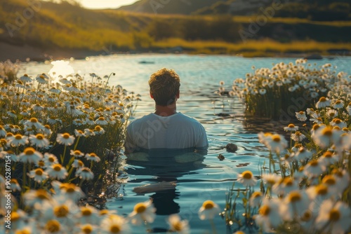 Tranquility in Bloom: Man in a Serene River, Immersed in a Field of Daisies, Bathed in Golden Sunlight.  