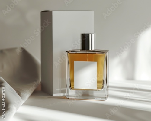 perfume bottle with label on the table and white box