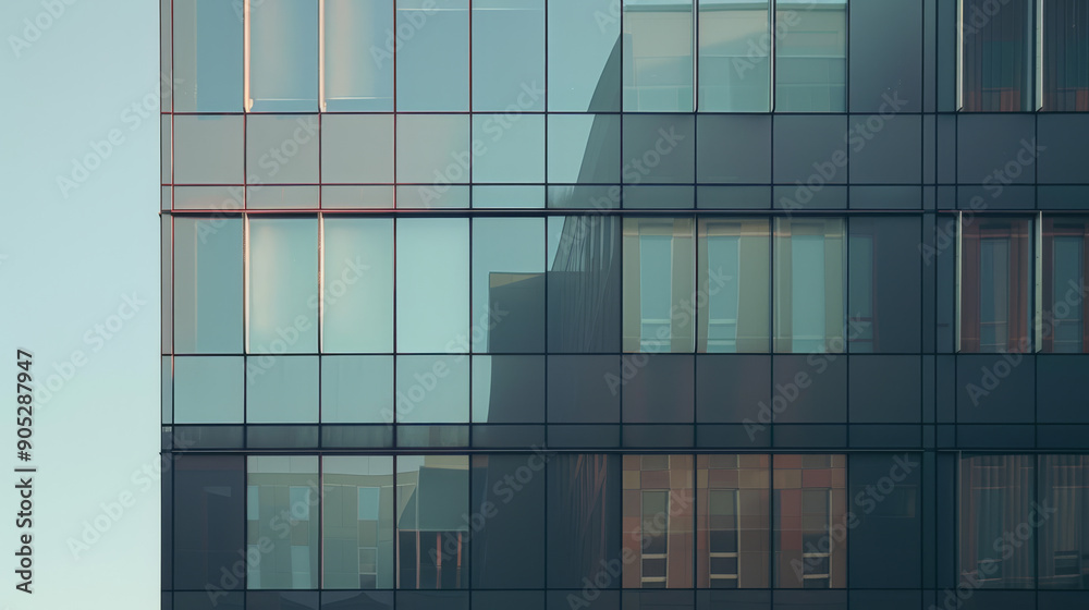 Fototapeta premium A modern office building's glass facade reflects blue skies and surrounding structures in the cityscape.