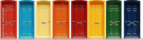 A row of colorful doors with a white background