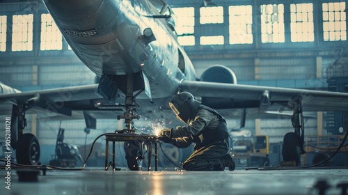 A worker is meticulously performing welding tasks under an airplane wing, with bright sparks illuminating the spacious hangar.