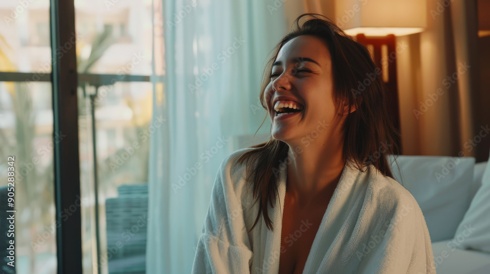 A cheerful woman, wrapped in a bathrobe, laughs joyfully in a bright room, bathed in morning light, capturing a moment of pure bliss and relaxation. A cheerful woman, wrapped in a bathrobe, laughs joyfully in a bright room, bathed in morning light, capturing a moment of pure bliss and relaxation.