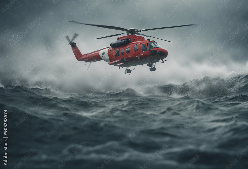 A rescue helicopter hovering above a turbulent ocean, battling heavy rain and powerful gusts as it searches for a stranded vessel.
A rescue helicopter hovering above a turbulent ocean, battling heavy rain and powerful gusts as it searches for a stranded vessel.