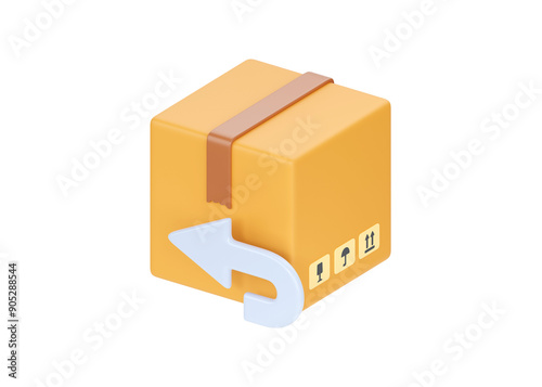 3d box or delivery package return icon. Cardboard parcel concept with white arrow on white background