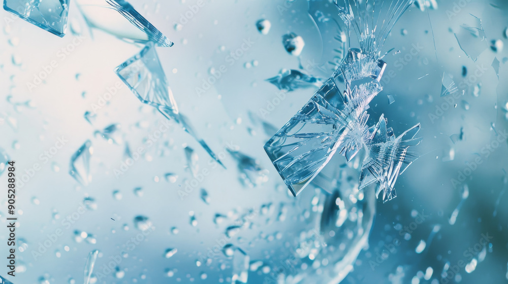 Shattered glass pieces suspended in mid-air, with water droplets adding a dramatic, dynamic, and surreal effect. Shattered glass pieces suspended in mid-air, with water droplets adding a dramatic, dynamic, and surreal effect.