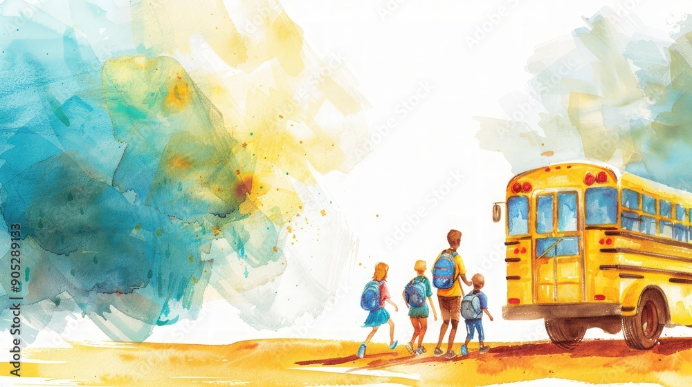 Fototapeta premium A group of children are walking towards a yellow school bus. The scene is set in a rural area with a cloudy sky in the background. Scene is one of excitement
