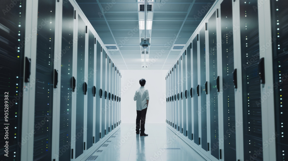 A single figure, standing in the middle of a high-tech server room, gazes at the vast array of blinking lights, evoking a sense of technological awe. A single figure, standing in the middle of a high-tech server room, gazes at the vast array of blinking lights, evoking a sense of technological awe.