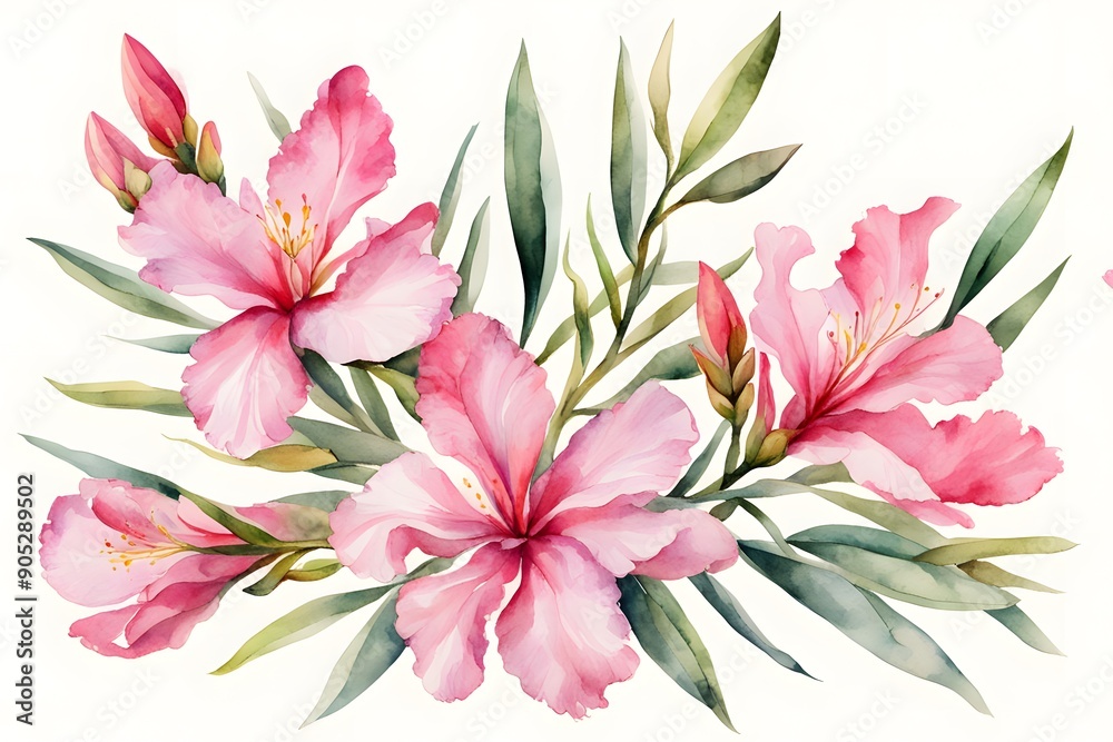 Obraz premium Watercolor oleander flowers white background, AI Generated