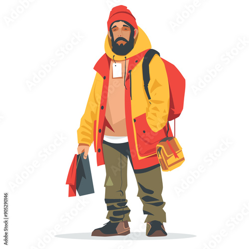 Young man dressed winter clothes holding shopping bags. Hipster style male character standing, fashionably dressed, outdoor casual look. Bearded guy backpack, shopping, modern outfit