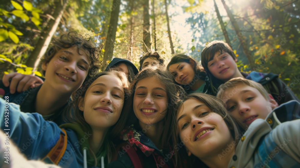 A group of happy friends huddled together in the middle of a forest, smiling while taking a group selfie in the warm, dappled sunlight. A group of happy friends huddled together in the middle of a forest, smiling while taking a group selfie in the warm, dappled sunlight.