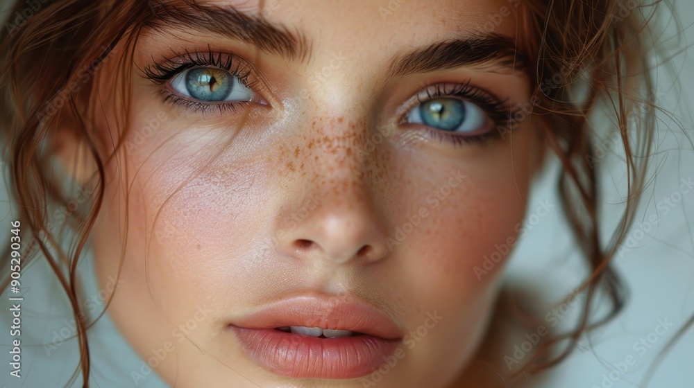 Close-up shot of a young woman with mesmerizing green-blue eyes, natural freckles on her clear skin, and soft pink lips, exuding a calm and gentle aura. Close-up shot of a young woman with mesmerizing green-blue eyes, natural freckles on her clear skin, and soft pink lips, exuding a calm and gentle aura.