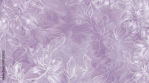 A lilac abstract background with a subtle floral pattern, featuring delicate outlines of flowers and leaves in white. The intricate design adds a touch of elegance and nature.