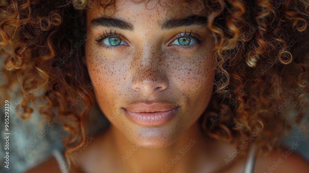 Close-up photo of a freckled woman with curly hair and striking blue eyes, capturing an intense gaze that reflects depth and inner serenity. Close-up photo of a freckled woman with curly hair and striking blue eyes, capturing an intense gaze that reflects depth and inner serenity.