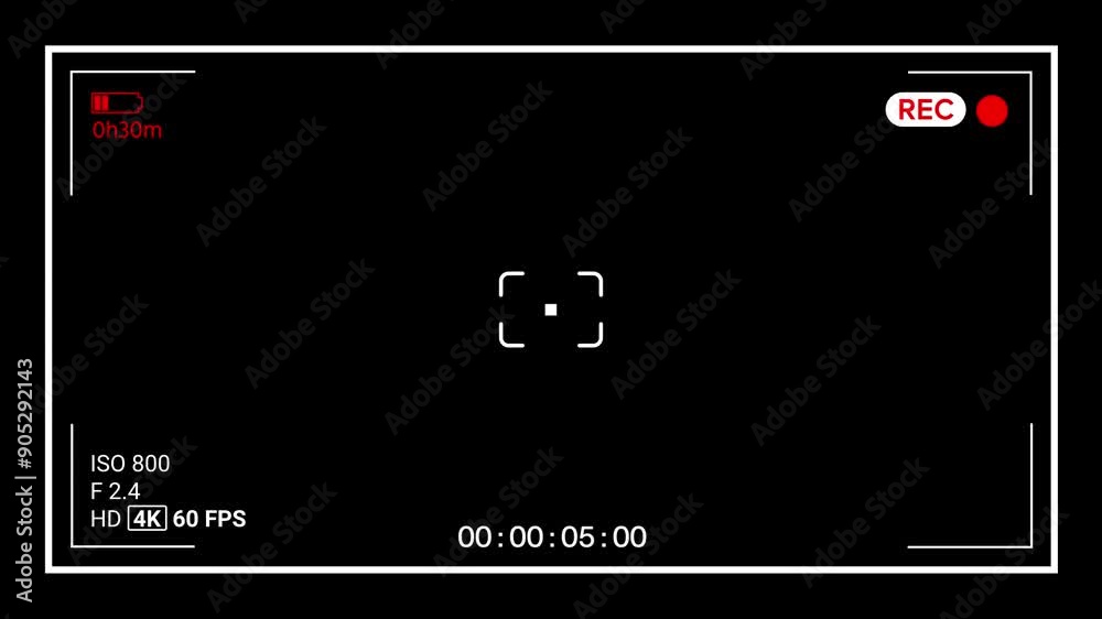 Low battery indicator video camera recording screen. Camcorder screen interface. Viewfinder camera recording screen