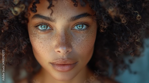 An expressive portrait of a woman with curly hair, freckles, and bright blue eyes, capturing her thoughtful gaze and natural charm in a vivid close-up photo.