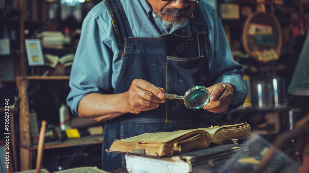 A man in a workshop is meticulously examining an old book with a magnifying glass, surrounded by vintage items and a wooden desk. A man in a workshop is meticulously examining an old book with a magnifying glass, surrounded by vintage items and a wooden desk.