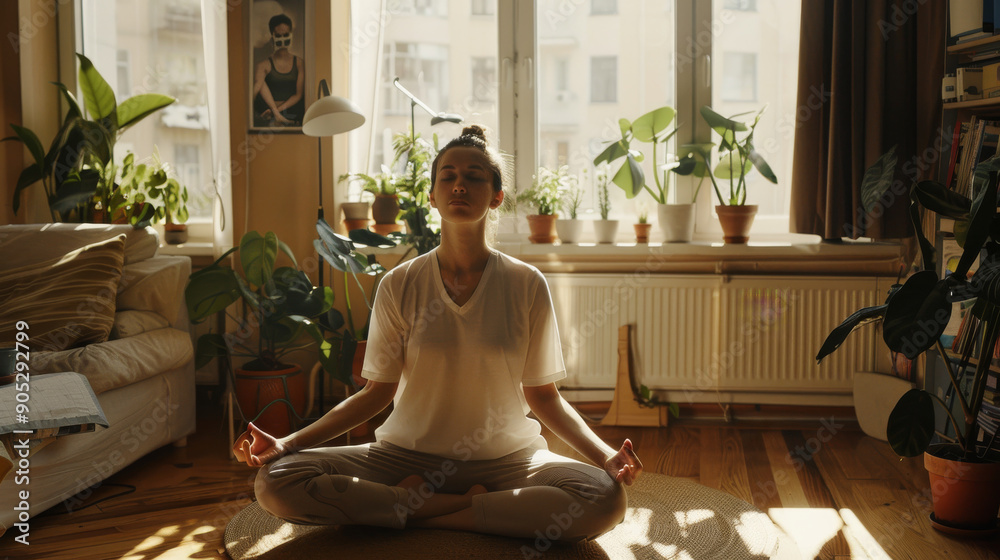 A woman meditates in a sunlit room filled with green plants, exuding tranquility and mindfulness amidst natural surroundings. A woman meditates in a sunlit room filled with green plants, exuding tranquility and mindfulness amidst natural surroundings.