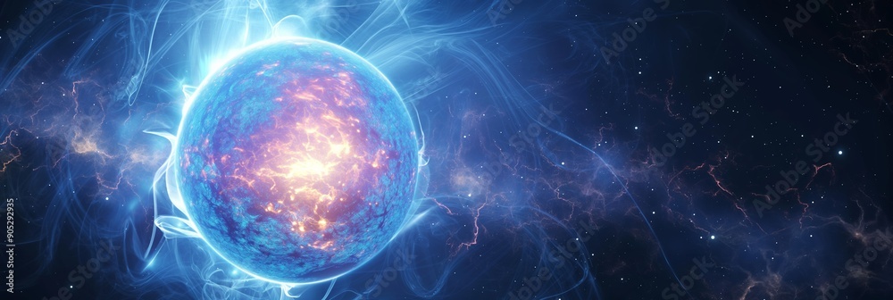 Obraz premium A dazzling blue and purple cosmic energy sphere with fiery elements, positioned against a backdrop of deep space.