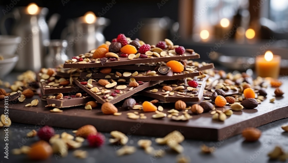 Artisan Chocolate Bark Embellished with Nuts and Dried Fruits on a Modern Kitchen Countertop. Artisan Chocolate Bark Embellished with Nuts and Dried Fruits on a Modern Kitchen Countertop.