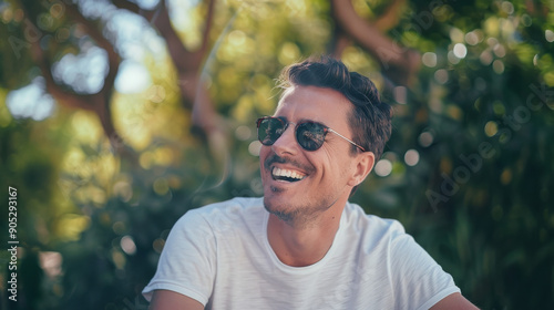 A man with sunglasses, laughing joyfully under a canopy of green leaves, embodying a carefree and sunlit moment.