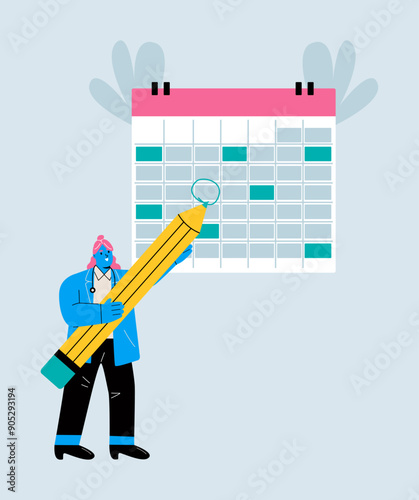 Doctor planning, organizing appointments. Woman doctor setting medical checkups. Colored flat vector illustration