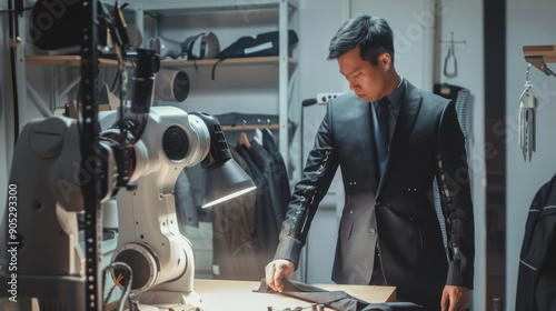 A well-dressed tailor, working meticulously on fabric patterns in a high-tech tailoring workshop featuring a robotic assistant.