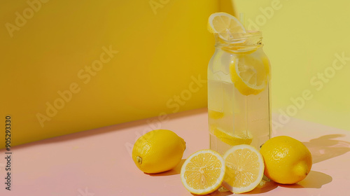 A mason jar of lemonade with fresh lemon slices is set against a cheerful yellow and pink backdrop, exuding refreshing summertime vibes.