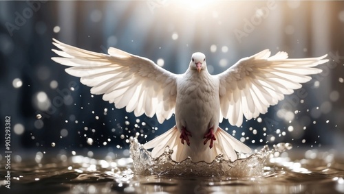 Baptism, the Holy Spirit Dove with open wings and splashes of water on white background.