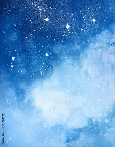Tranquil night sky with twinkling stars and soft, ethereal clouds depicted in watercolor background