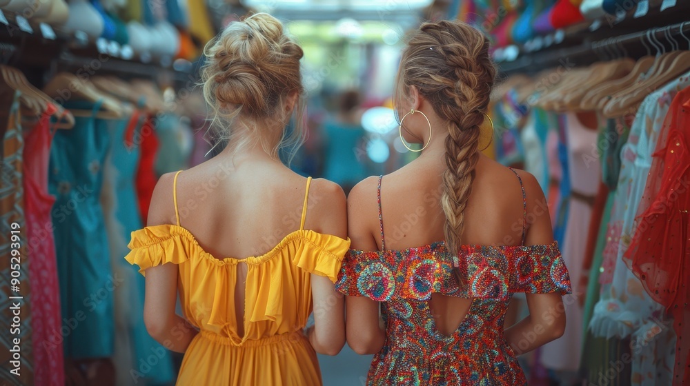 Obraz premium Two young women, seen from behind, explore a vibrant clothing store aisle teeming with colorful dresses and garments, capturing the joy and excitement of shopping and fashion.