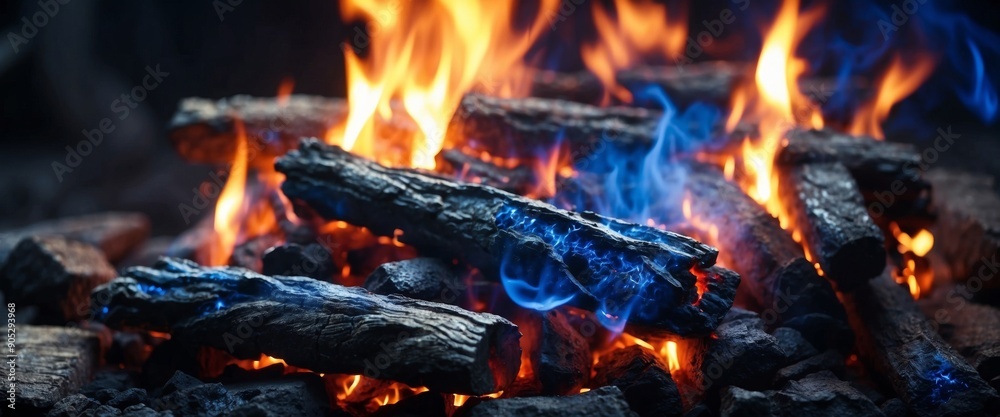 Beautiful fire in the fireplace or campfire with hot coals close-up macro Languages spurts of blue flame on embers. Beautiful fire in the fireplace or campfire with hot coals close-up macro Languages spurts of blue flame on embers.