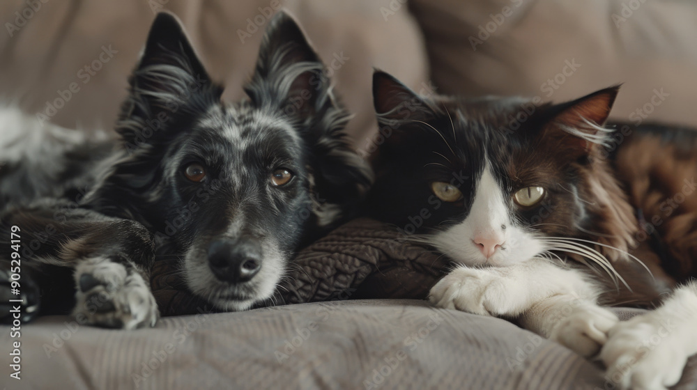 A black-and-white cat and a black dog rest together on a comfortable couch, radiating companionship and tranquility. A black-and-white cat and a black dog rest together on a comfortable couch, radiating companionship and tranquility.