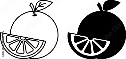 Orange Icons. Black and White Vector Icons. Whole Orange and Half. Sweet Dessert. Organic and Healthy Food. Fruit Concept
