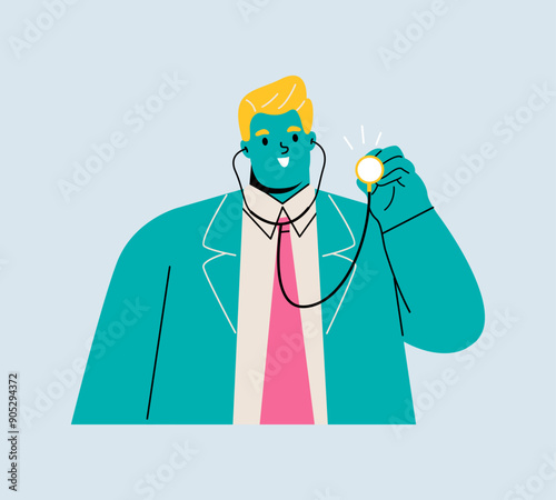 Male doctor hold stethoscope ready to check or examine patient. Colored flat vector illustration
