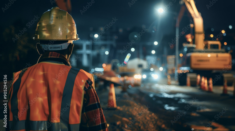 Naklejka premium A construction worker, clad in reflective gear and a hard hat, surveys a night-time construction site, illuminated by the vibrant glow of machinery and urban lights.
