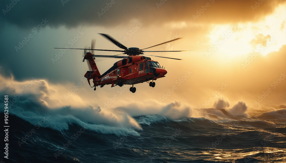A rescue helicopter hovering above a turbulent ocean, battling heavy rain and powerful gusts as it searches for a stranded vessel.
A rescue helicopter hovering above a turbulent ocean, battling heavy rain and powerful gusts as it searches for a stranded vessel.
