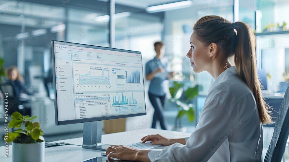 Sales Professional Interacting with AI-Powered Assistant in Sleek Office