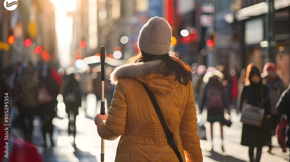 Person Using Long Cane for Blind Navigation in Crowded Urban Area Person Using Long Cane for Blind Navigation in Crowded Urban Area