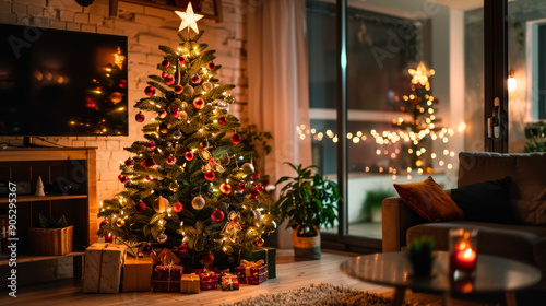 A Christmas tree exuberantly decorated with lights, colorful baubles and a glittering star on top in a cozy living room. © Giovanna