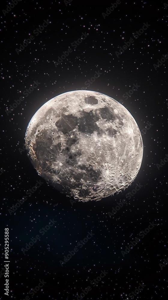 A detailed, bright moon with craters against a starry night sky. Small stars enhance depth. Image evokes mystery and majesty of the night sky. A detailed, bright moon with craters against a starry night sky. Small stars enhance depth. Image evokes mystery and majesty of the night sky.