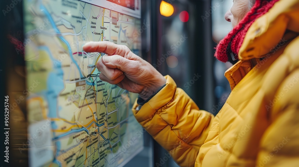 Obraz premium Visually Impaired Person Navigating Public Transit with Tactile Map for Independence