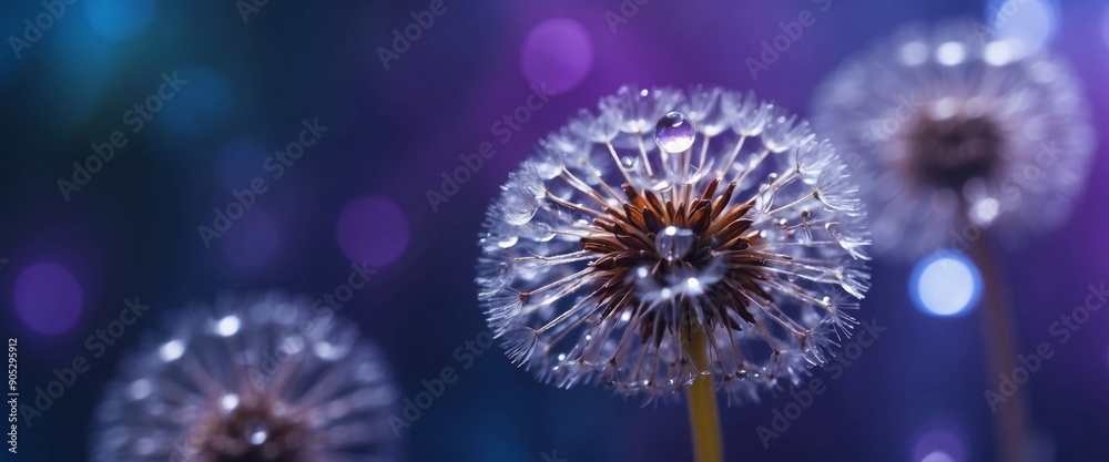 Fototapeta premium Beautiful dew drops on a dandelion seed Close-up Sparkling bokeh Beautiful light blue and violet background.