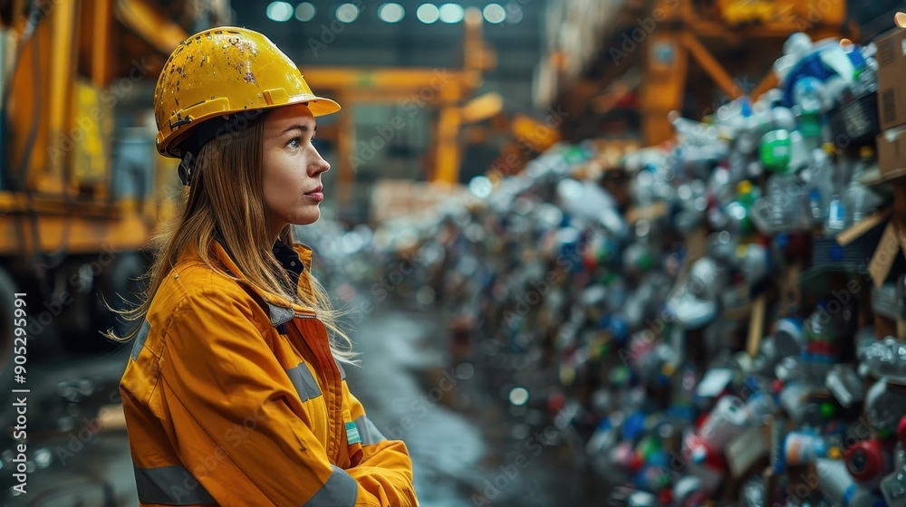 A young woman in a yellow helmet and orange work jacket standing at an industrial recycling facility, surrounded by stacks of colorful plastic waste materials. A young woman in a yellow helmet and orange work jacket standing at an industrial recycling facility, surrounded by stacks of colorful plastic waste materials.