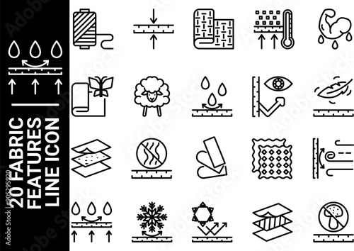 20 fabric features line icon, black and white