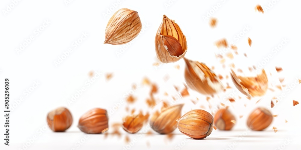 Fototapeta premium Falling Peeled Hazelnuts Isolated on White Background: Nutrient-Rich Nuts Showcasing Healthy Snacking and Fiber-Packed Nutrition. Perfect for Wellness Campaigns, Wholesome Diet Advertising, and Dynam