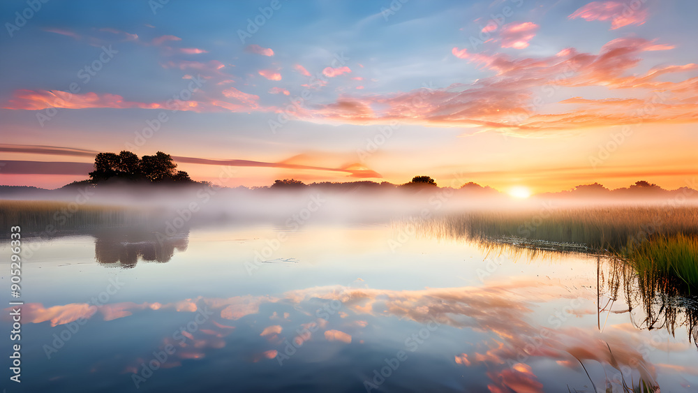 serene dreamy landscape pastel color palette floating clouds reflected in a tranquil lake serene dreamy landscape pastel color palette floating clouds reflected in a tranquil lake